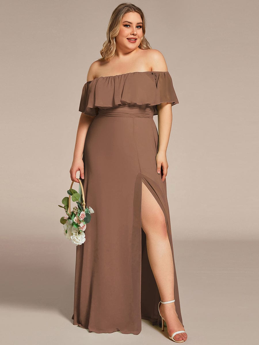 Women's Off Shoulder Ruffle Thigh Split Bridesmaid Dresses #color_Brown