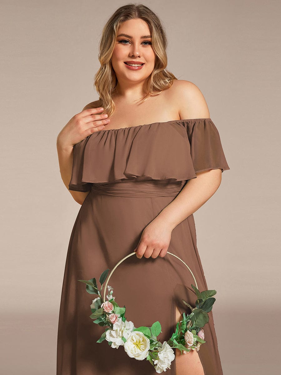 Women's Off Shoulder Ruffle Thigh Split Bridesmaid Dresses #color_Brown