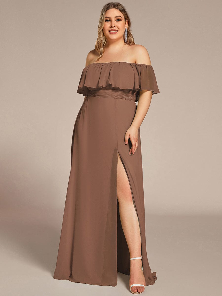 Women's Off Shoulder Ruffle Thigh Split Bridesmaid Dresses #color_Brown