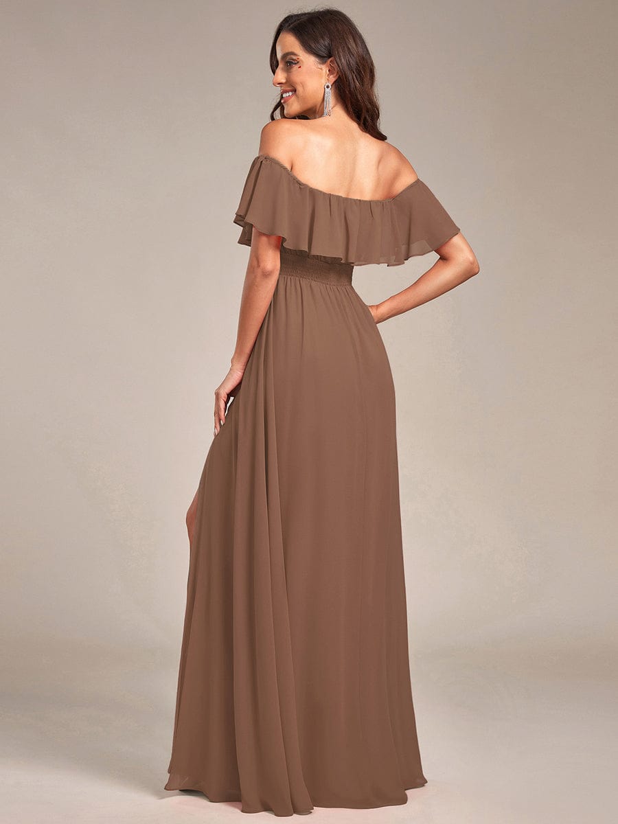 Women's Off Shoulder Ruffle Thigh Split Bridesmaid Dresses #color_Brown