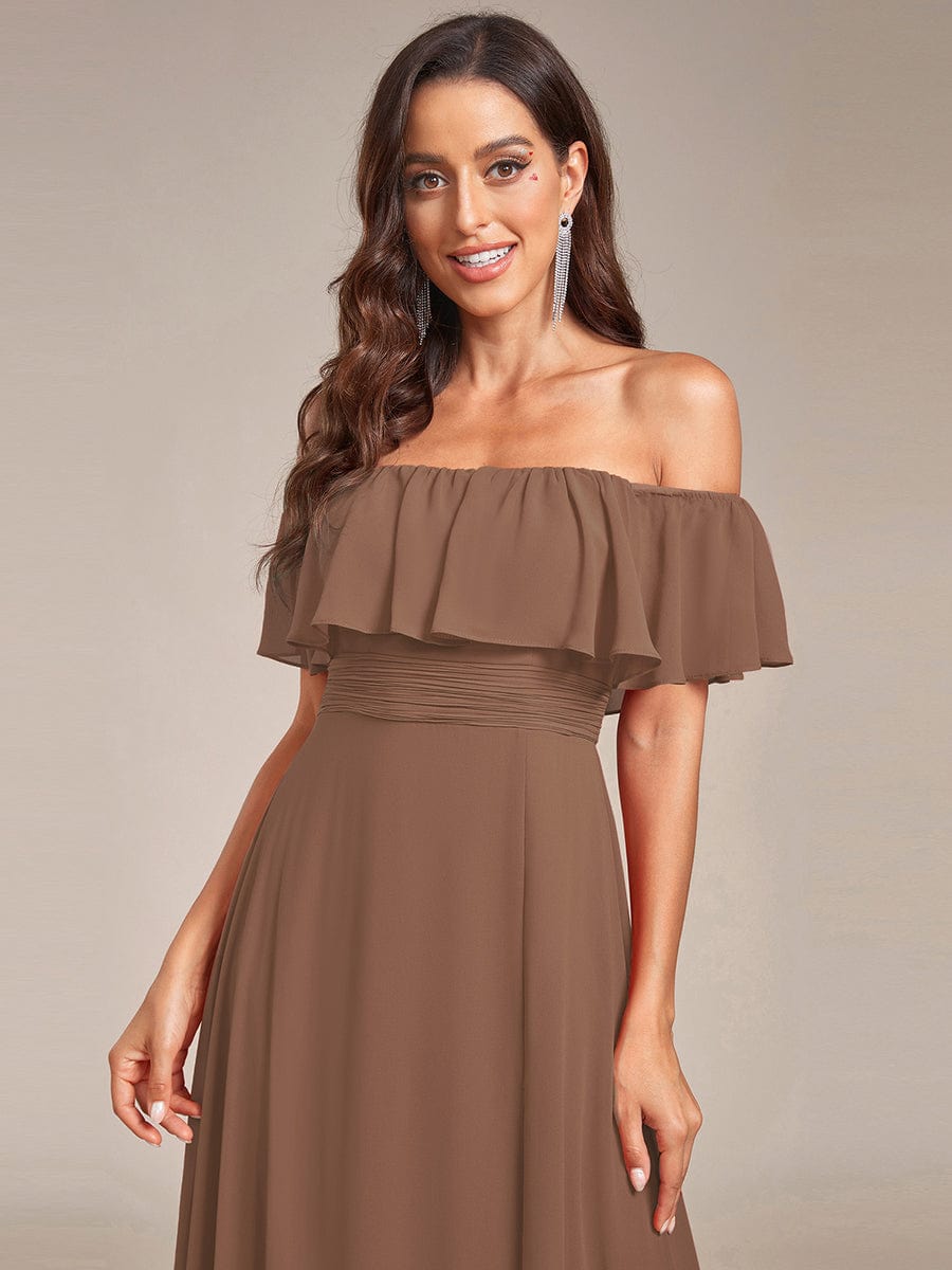 Women's Off Shoulder Ruffle Thigh Split Bridesmaid Dresses #color_Brown