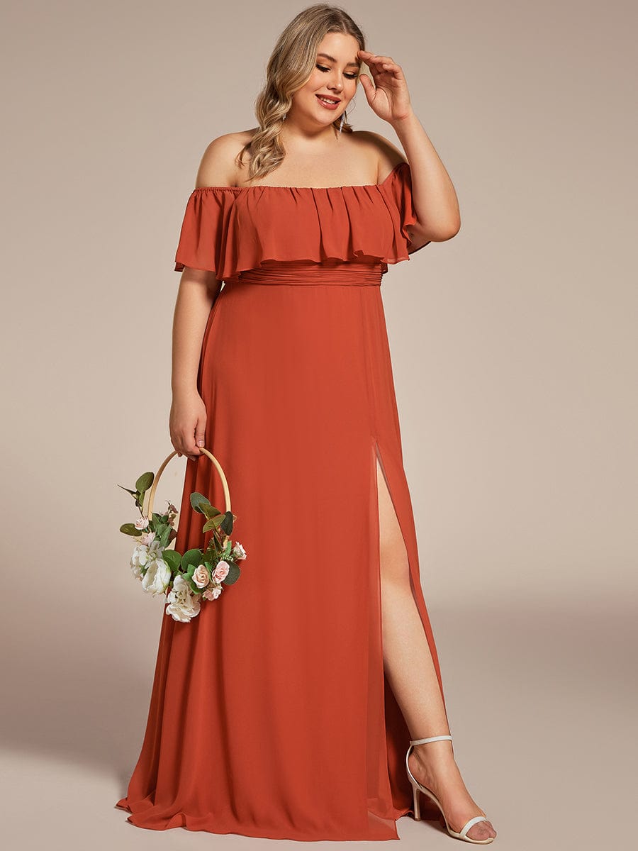 Plus Size Off the Shoulder Formal Bridesmaid Dress with Thigh Split #color_Burnt Orange 