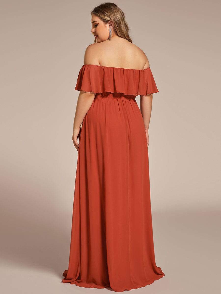 Plus Size Off the Shoulder Formal Bridesmaid Dress with Thigh Split #color_Burnt Orange 