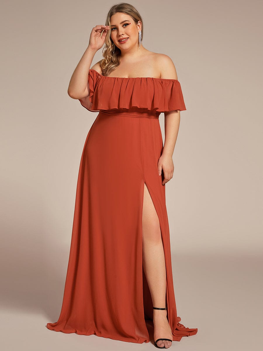 Plus Size Off the Shoulder Formal Bridesmaid Dress with Thigh Split #color_Burnt Orange 