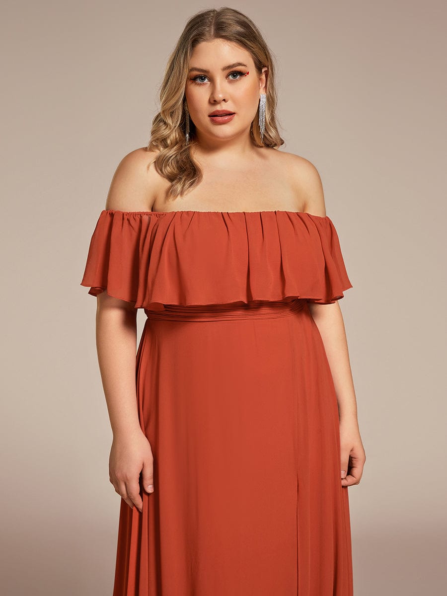 Plus Size Off the Shoulder Formal Bridesmaid Dress with Thigh Split #color_Burnt Orange 