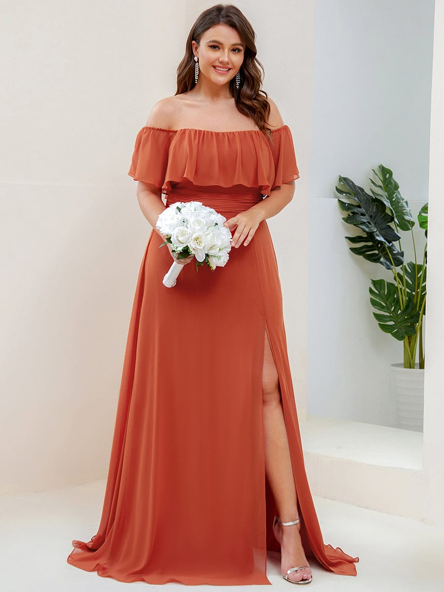 Plus Size Off the Shoulder Formal Bridesmaid Dress with Thigh Split #color_Burnt Orange 