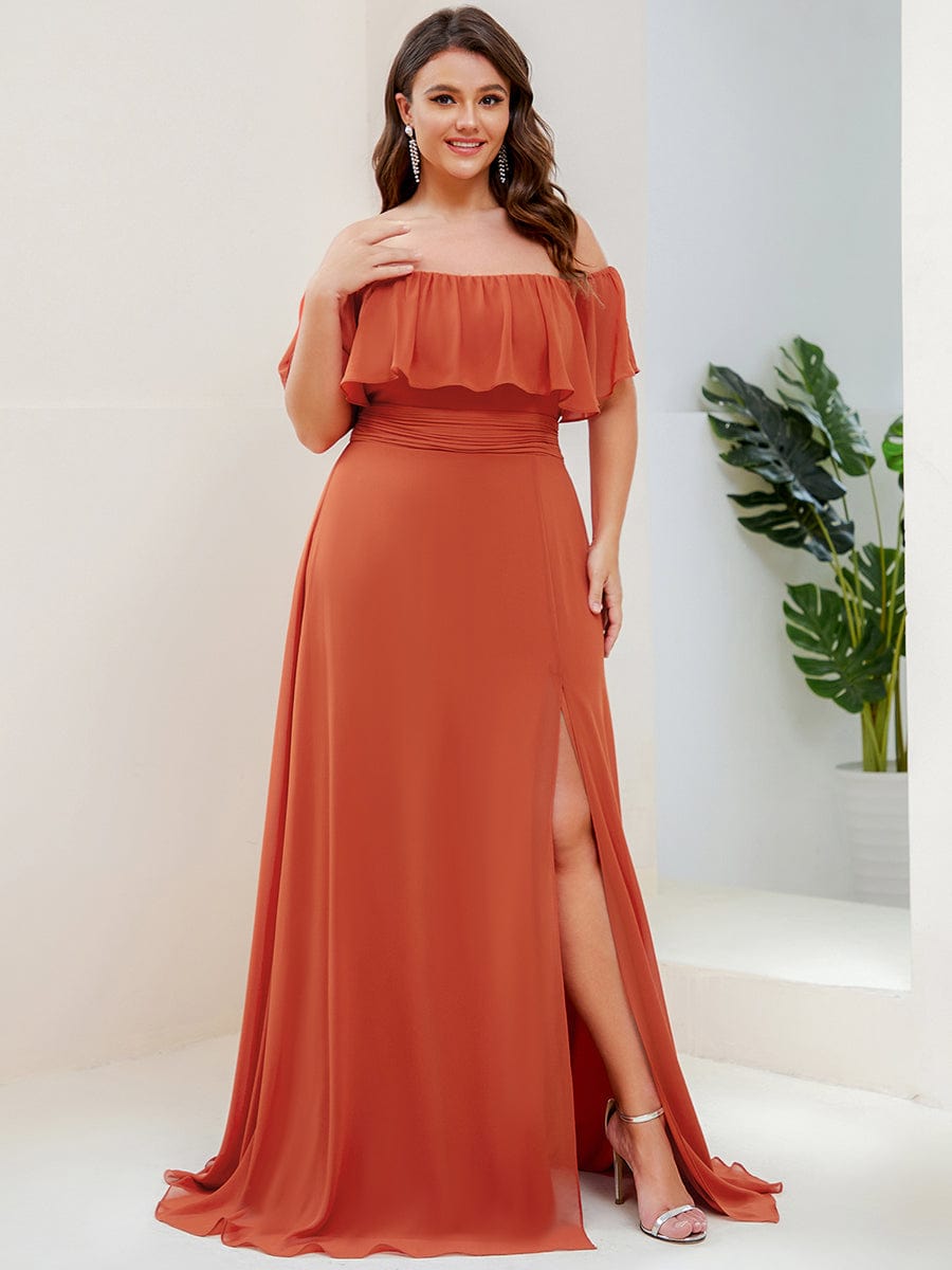 Plus Size Off the Shoulder Formal Bridesmaid Dress with Thigh Split #color_Burnt Orange 