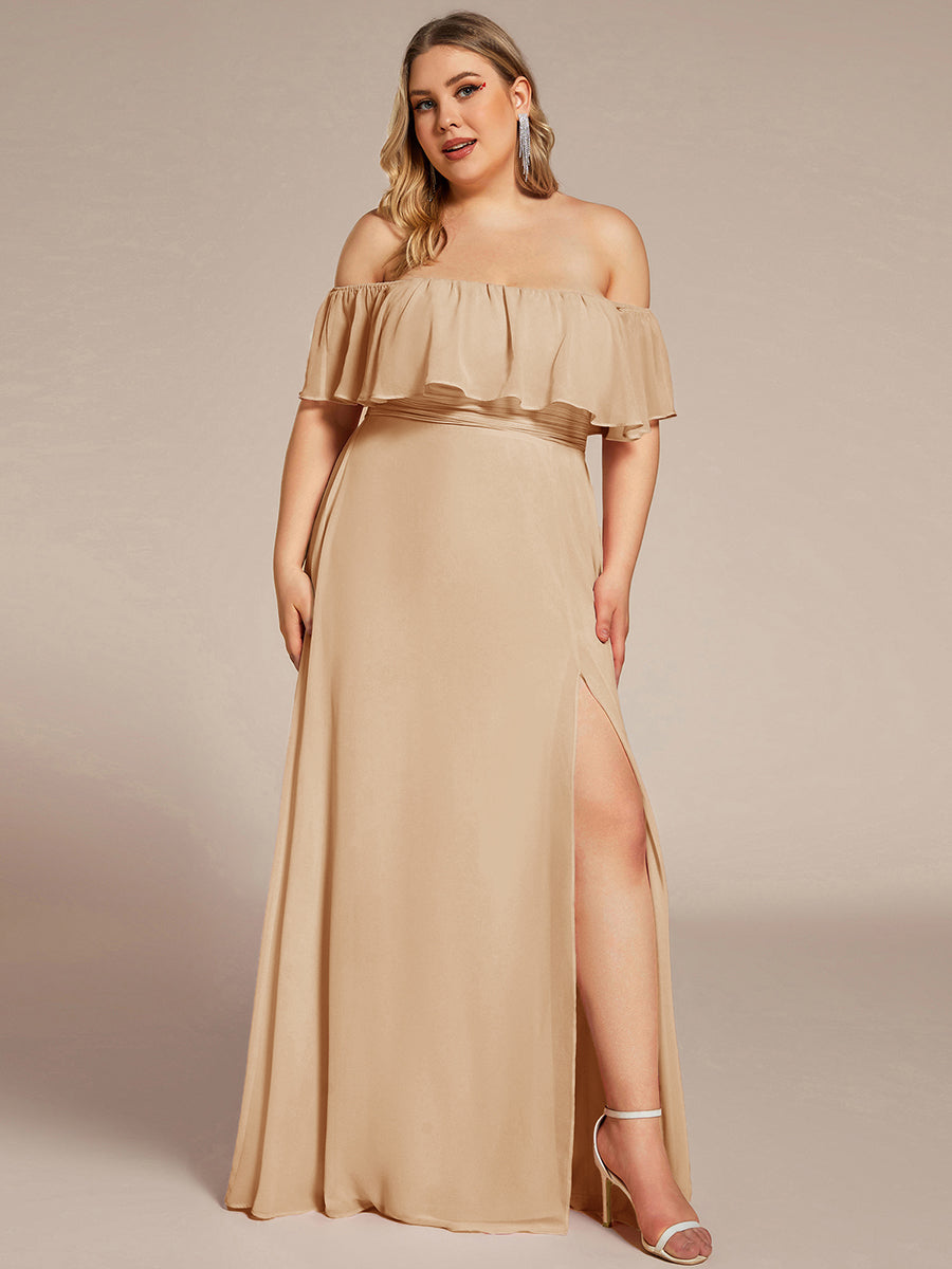 Plus Size Off the Shoulder Formal Bridesmaid Dress with Thigh Split #color_Champagne