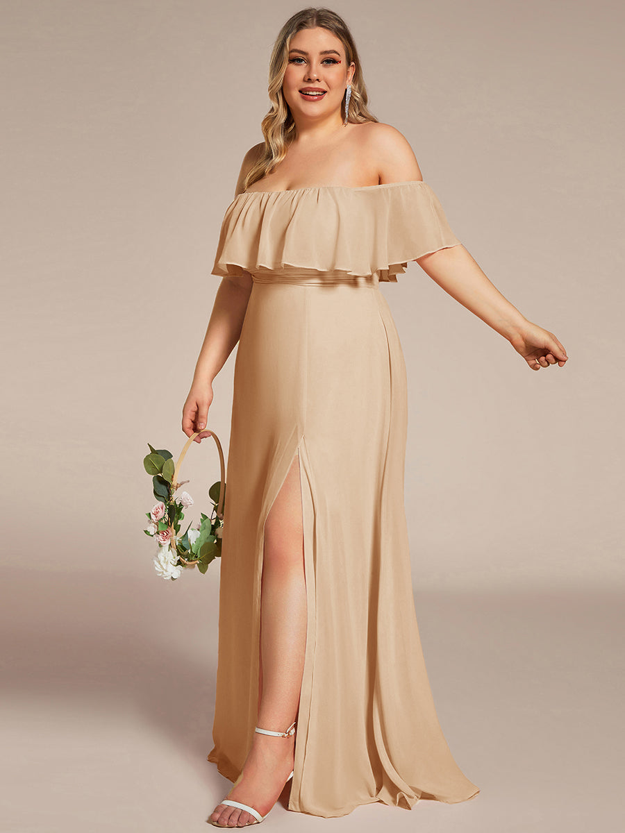 Plus Size Off the Shoulder Formal Bridesmaid Dress with Thigh Split #color_Champagne