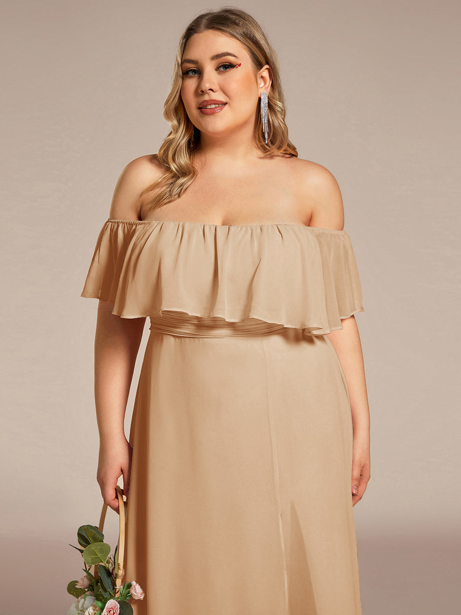 Plus Size Off the Shoulder Formal Bridesmaid Dress with Thigh Split #color_Champagne