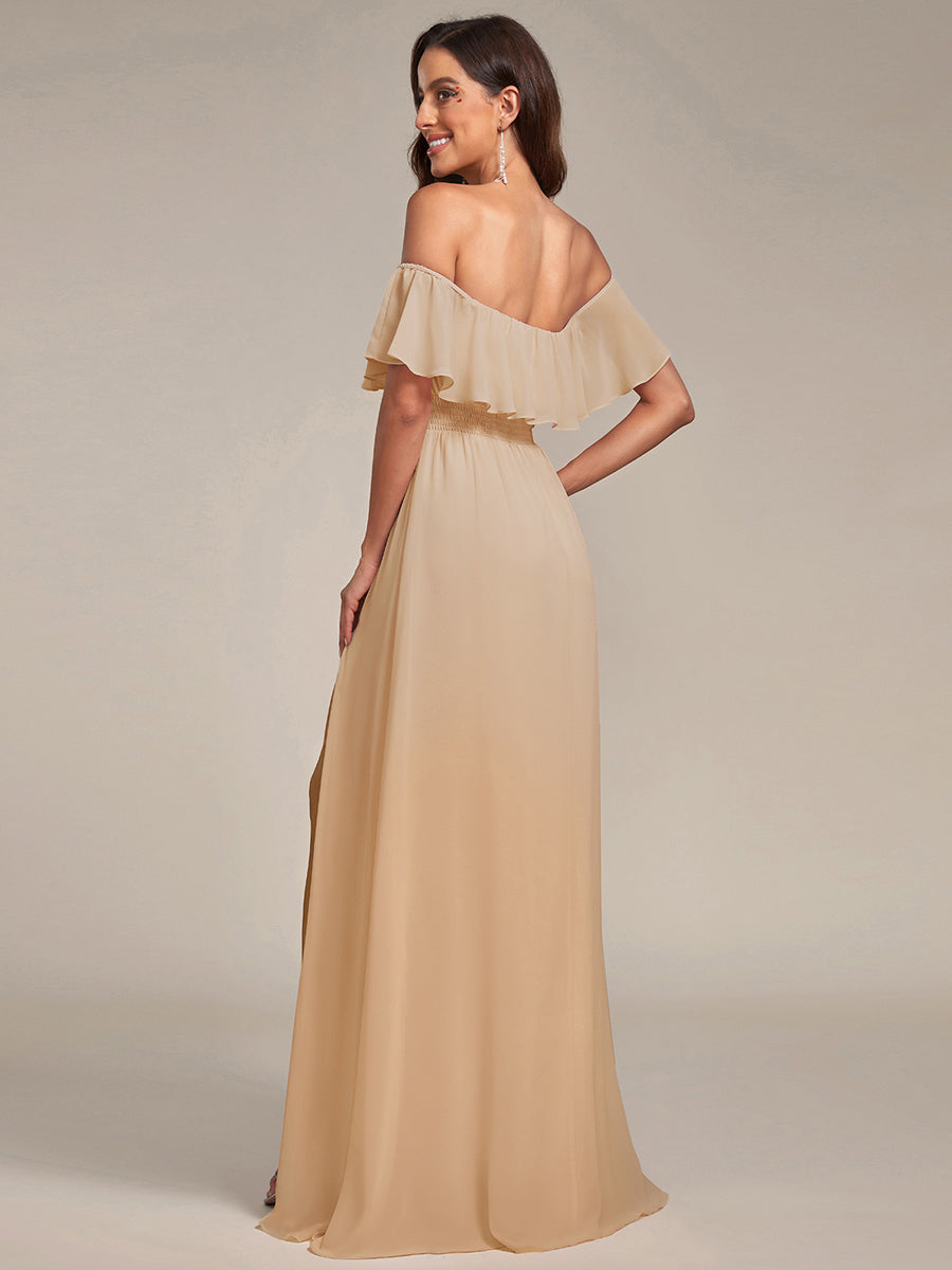 Off the Shoulder Ruffle Bodice Long Flowy Chiffon Bridesmaid Dress #color_Champagne