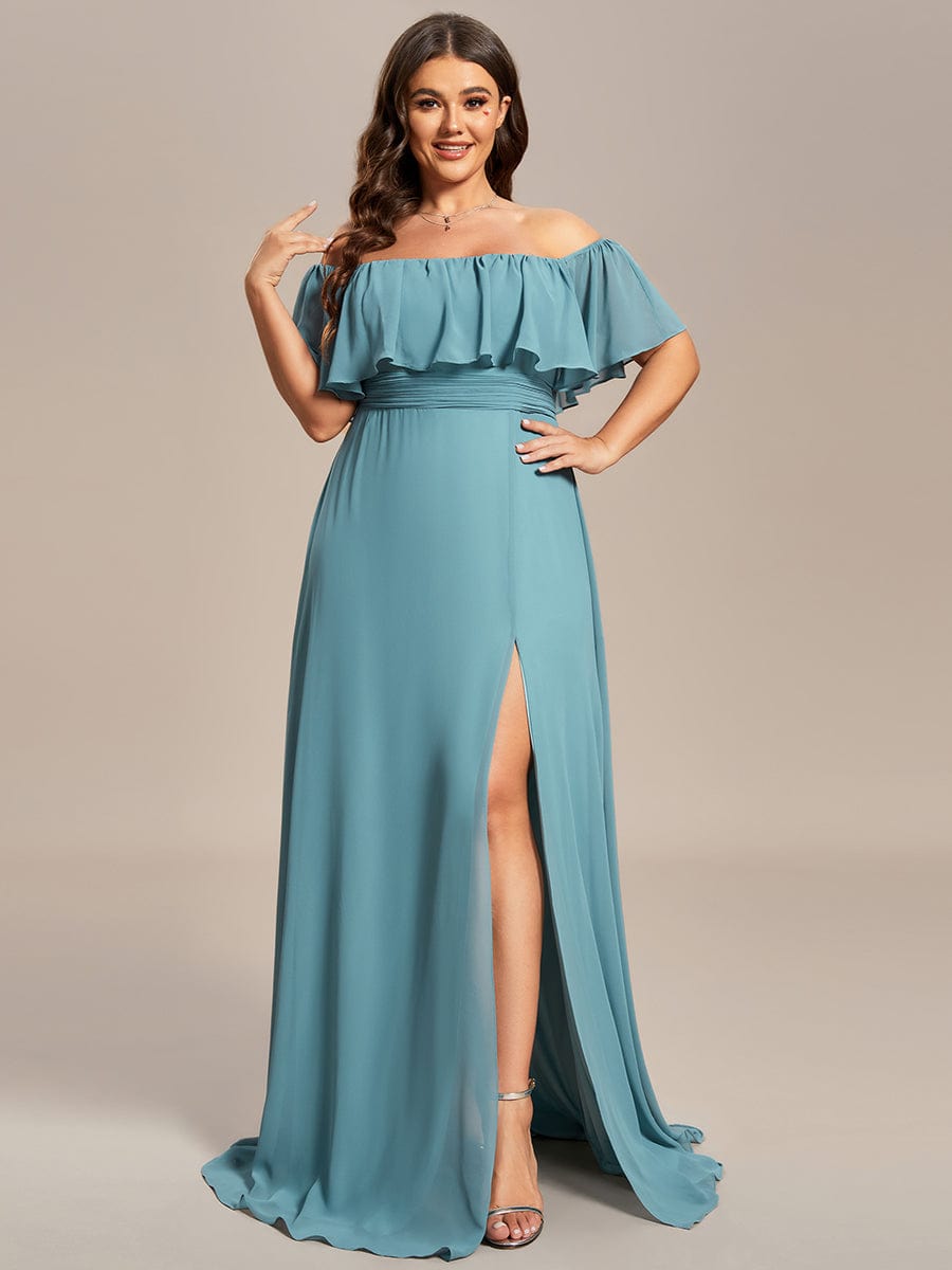 Plus Size Off the Shoulder Formal Bridesmaid Dress with Thigh Split #color_Light Teal