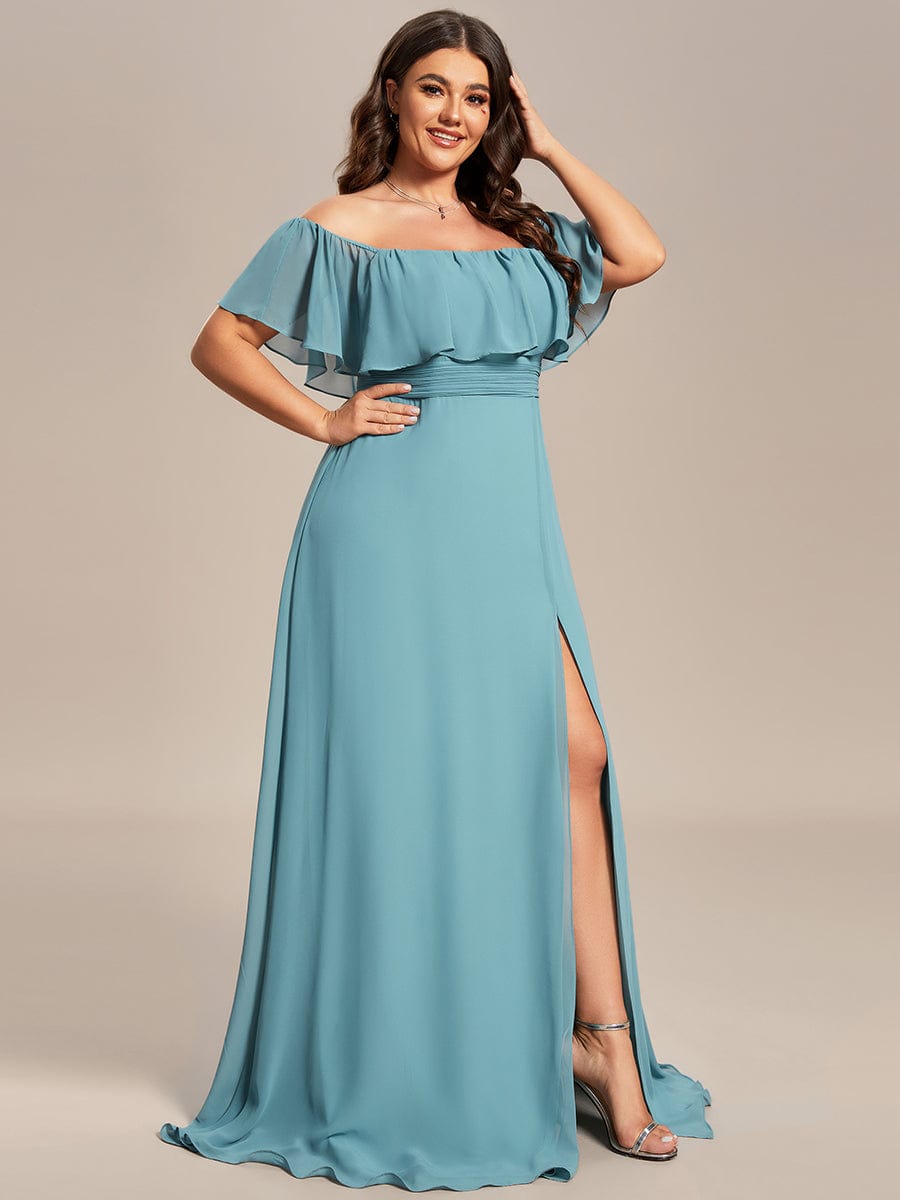 Plus Size Off the Shoulder Formal Bridesmaid Dress with Thigh Split #color_Light Teal