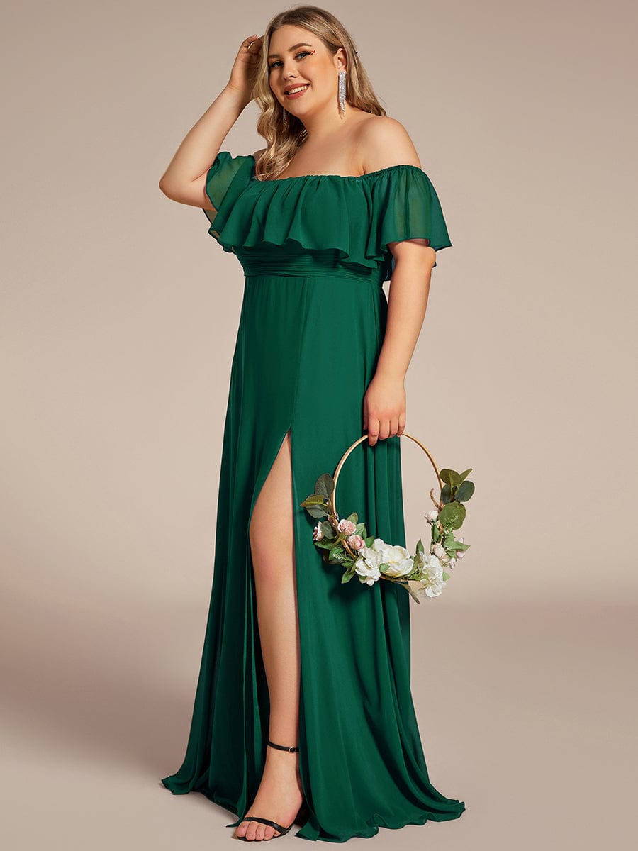 Custom Size Chiffon Ruffle Off Shoulder Thigh Split Bridesmaid Dresses #color_Dark Green