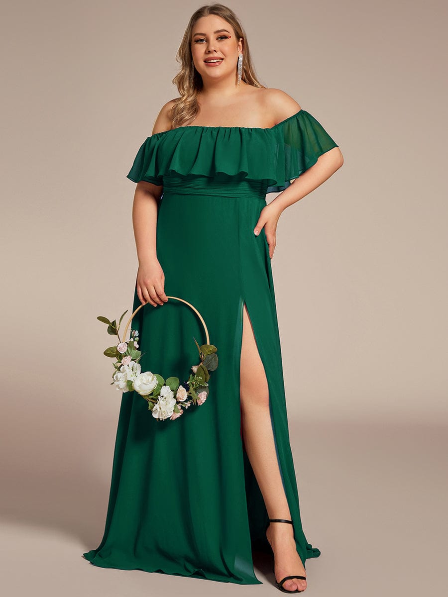 Plus Size Off the Shoulder Formal Bridesmaid Dress with Thigh Split #color_Dark Green