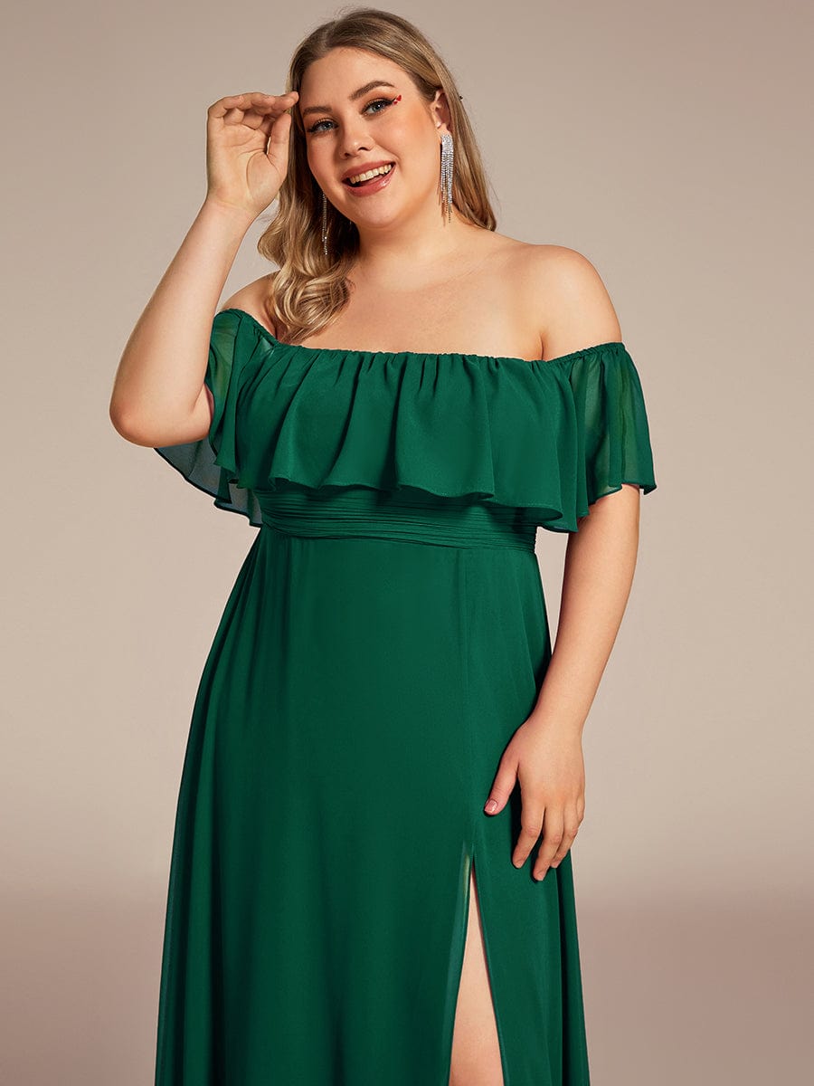 Plus Size Off the Shoulder Formal Bridesmaid Dress with Thigh Split #color_Dark Green