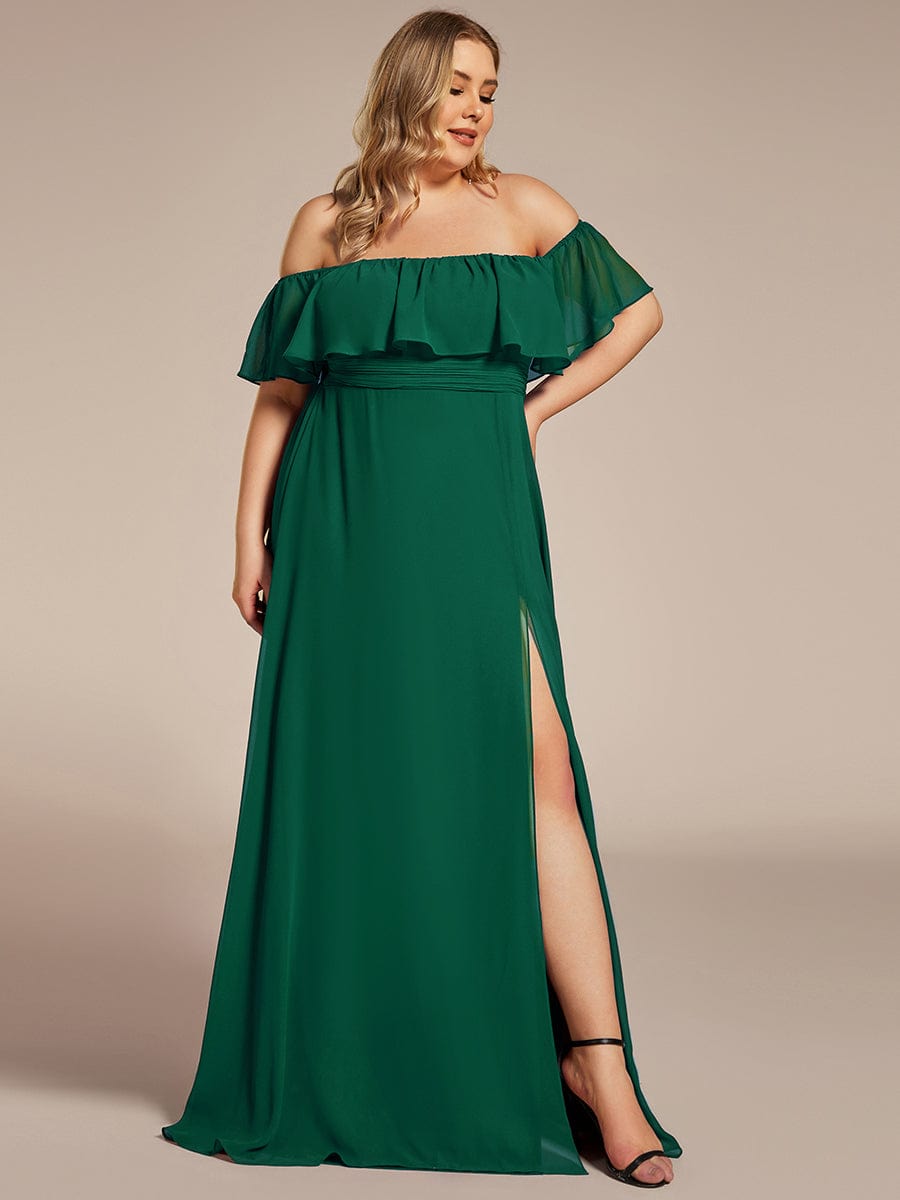 Plus Size Off the Shoulder Formal Bridesmaid Dress with Thigh Split #color_Dark Green