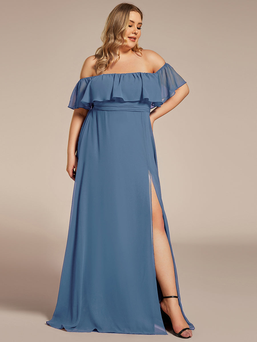 Plus Size Off the Shoulder Formal Bridesmaid Dress with Thigh Split #color_Dusty Blue