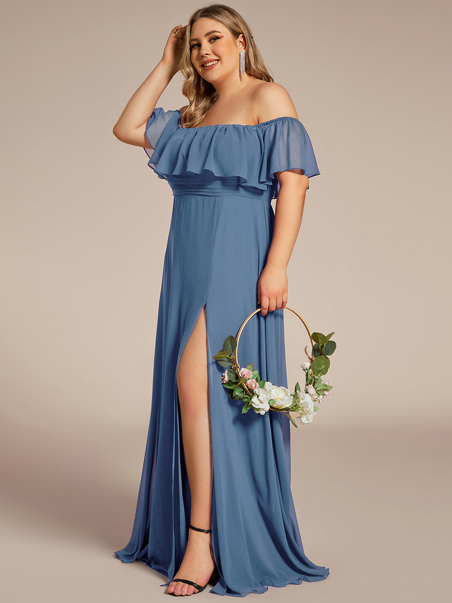 Plus Size Off the Shoulder Formal Bridesmaid Dress with Thigh Split #color_Dusty Blue