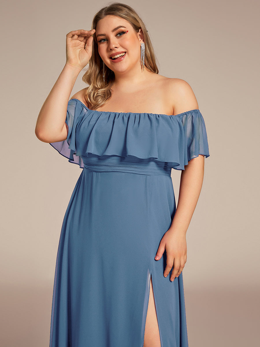 Plus Size Off the Shoulder Formal Bridesmaid Dress with Thigh Split #color_Dusty Blue