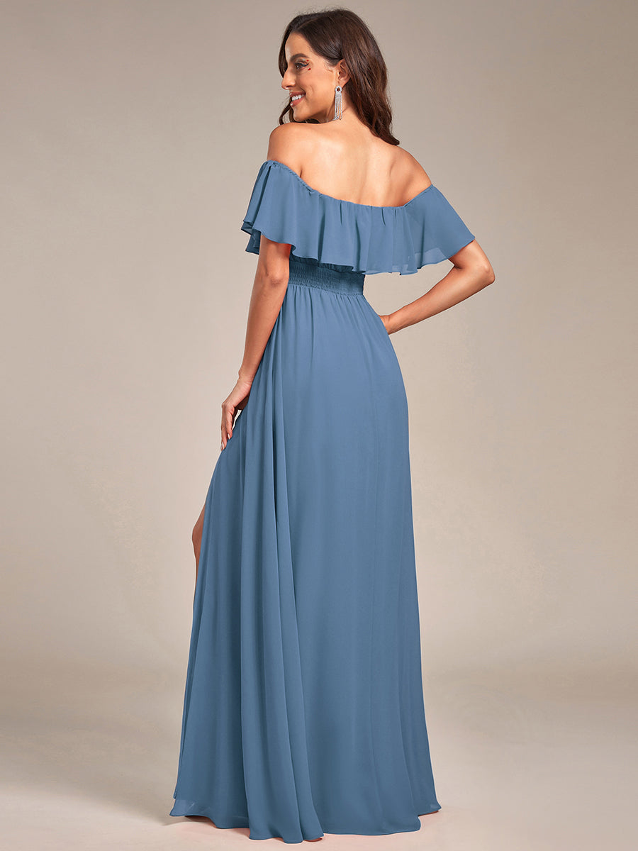 Off the Shoulder Ruffle Bodice Long Flowy Chiffon Bridesmaid Dress #color_Dusty Blue