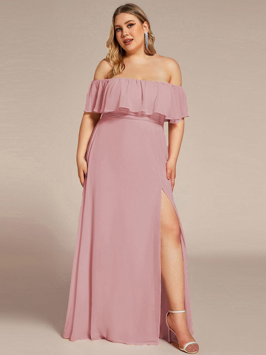 Plus Size Off the Shoulder Formal Bridesmaid Dress with Thigh Split #color_Dusty Rose