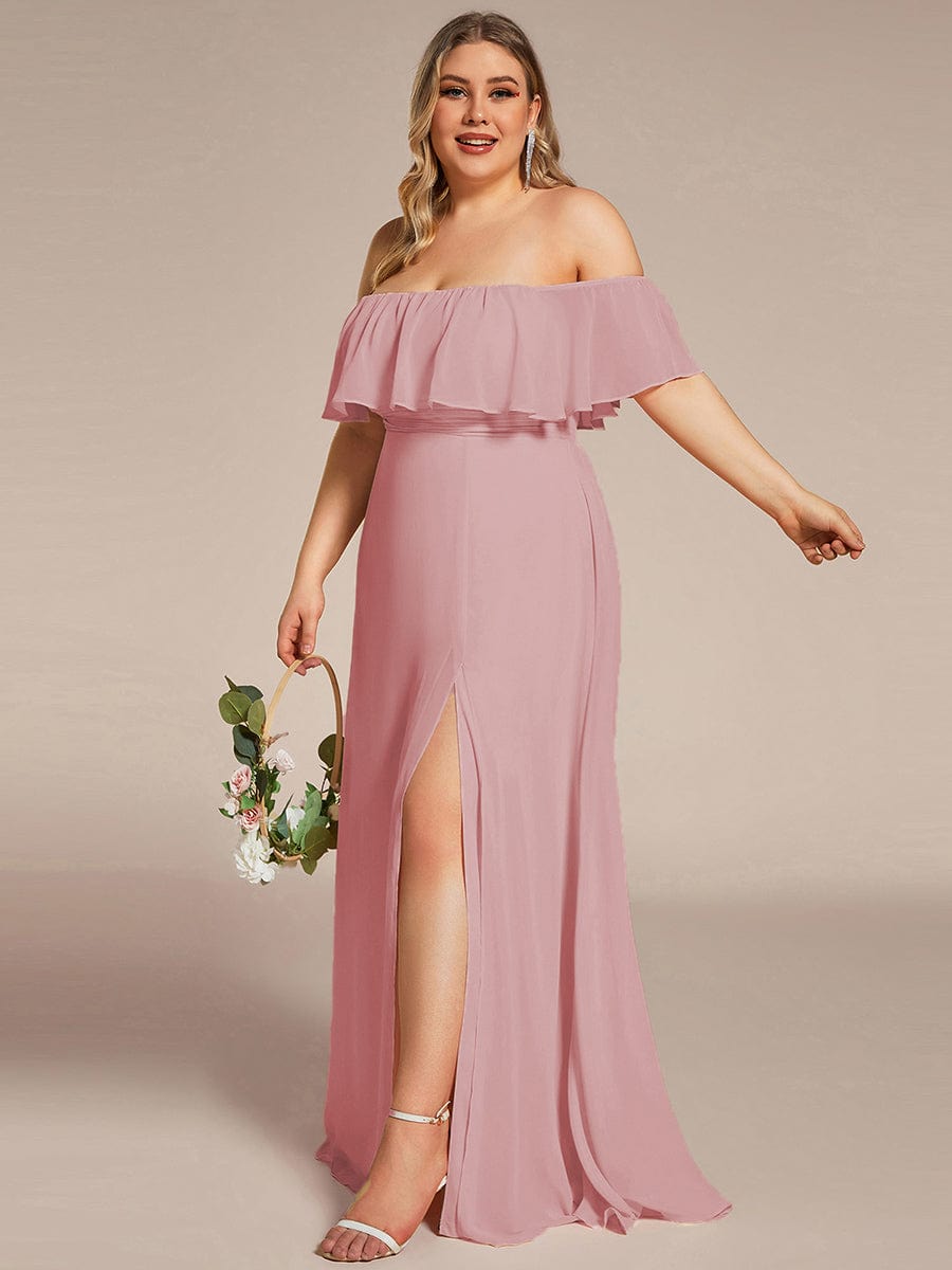 Plus Size Off the Shoulder Formal Bridesmaid Dress with Thigh Split #color_Dusty Rose