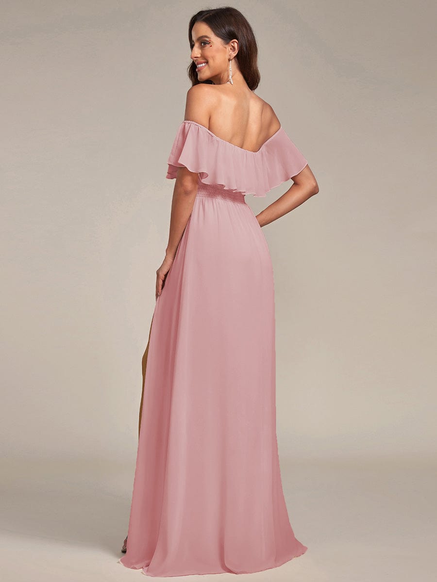 Women's Off Shoulder Ruffle Thigh Split Bridesmaid Dresses #color_Dusty Rose