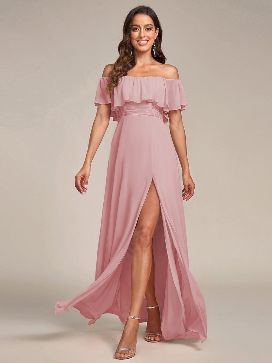 Women's Off Shoulder Ruffle Thigh Split Bridesmaid Dresses #color_Dusty Rose