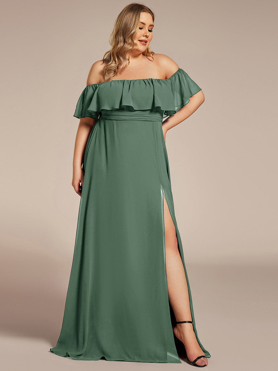 Plus Size Off the Shoulder Formal Bridesmaid Dress with Thigh Split #color_Eucalyptus