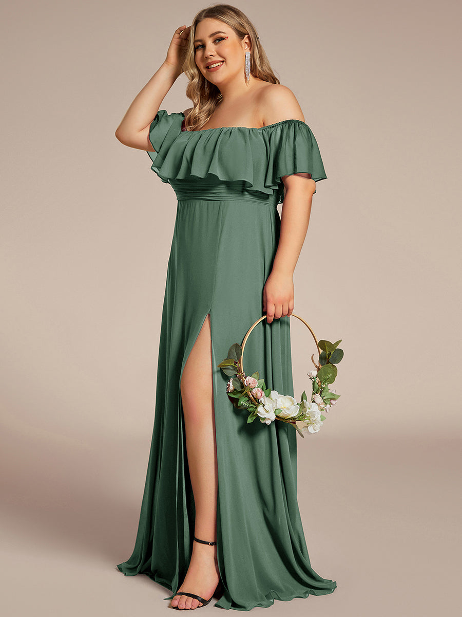 Plus Size Off the Shoulder Formal Bridesmaid Dress with Thigh Split #color_Eucalyptus