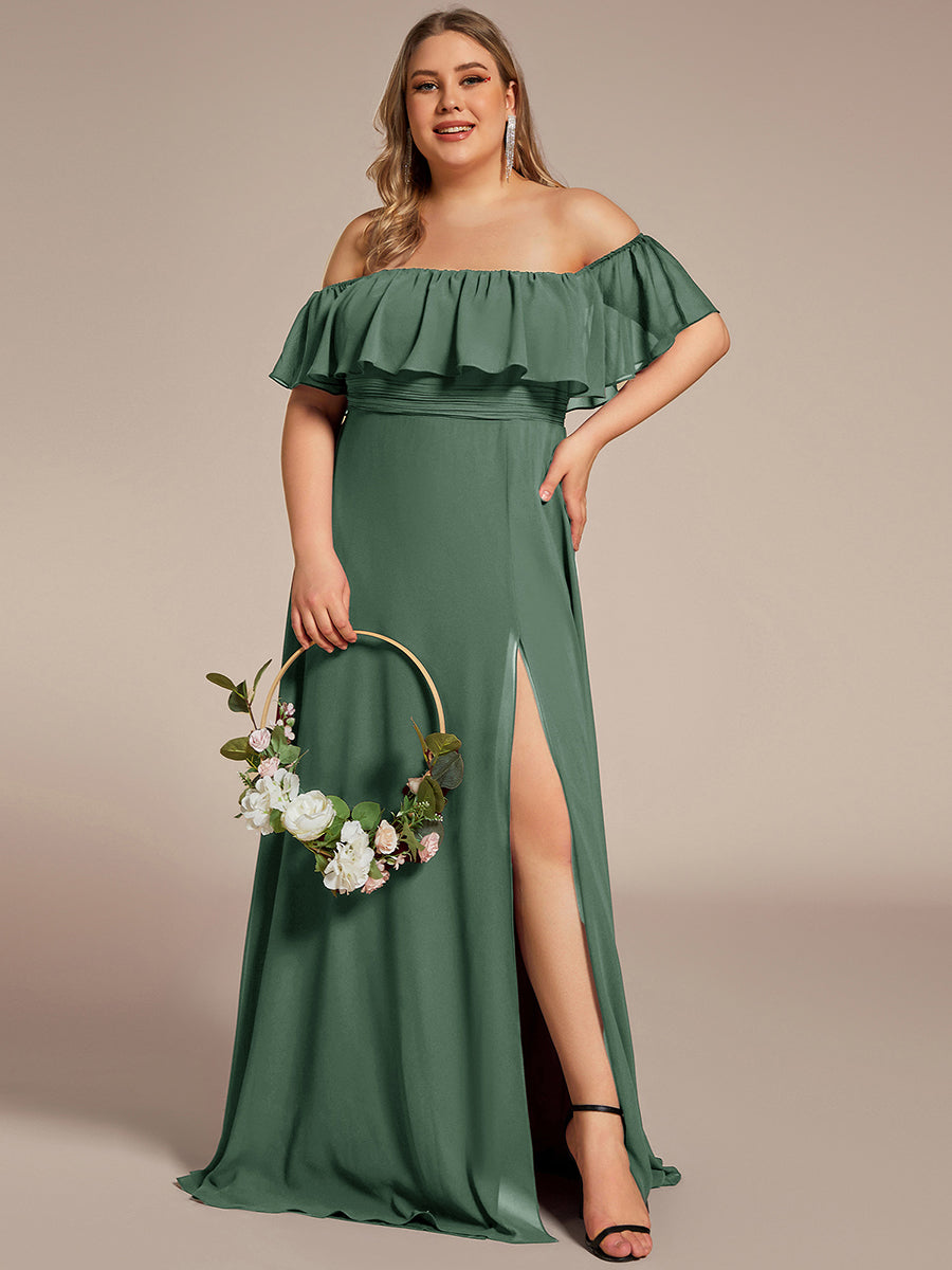 Plus Size Off the Shoulder Formal Bridesmaid Dress with Thigh Split #color_Eucalyptus