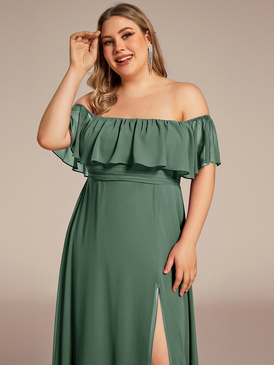 Plus Size Off the Shoulder Formal Bridesmaid Dress with Thigh Split #color_Eucalyptus