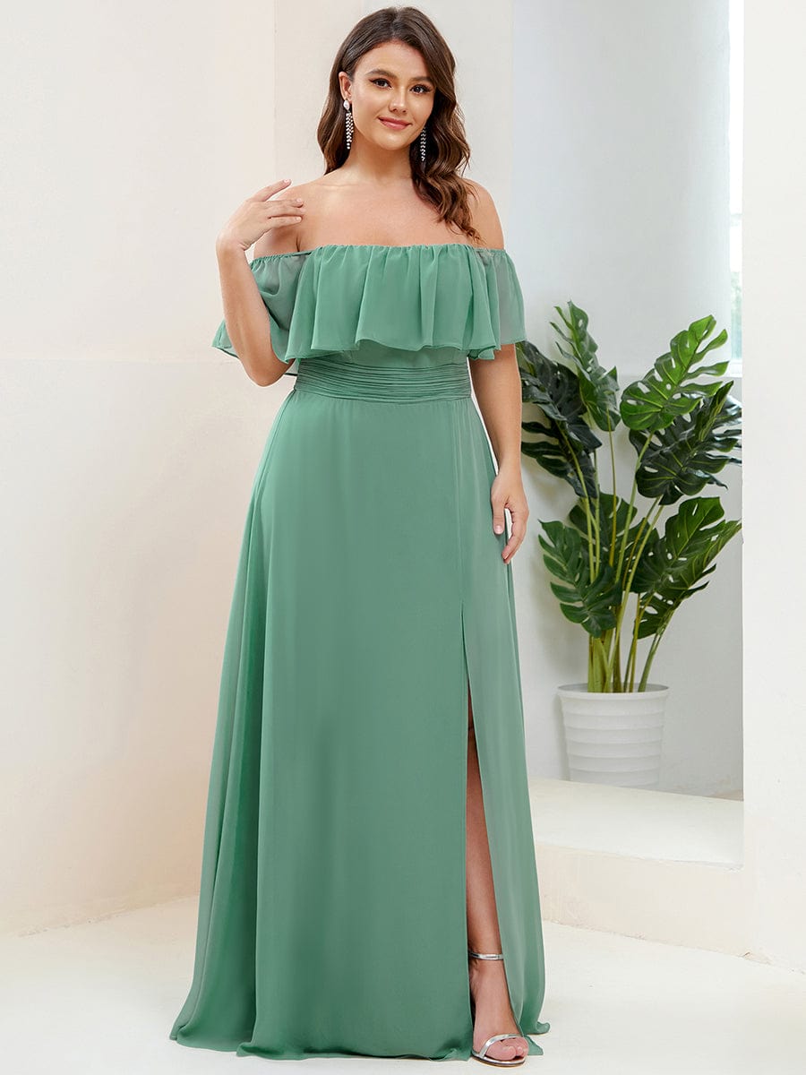 Plus Size Off the Shoulder Formal Bridesmaid Dress with Thigh Split #color_Green Bean 