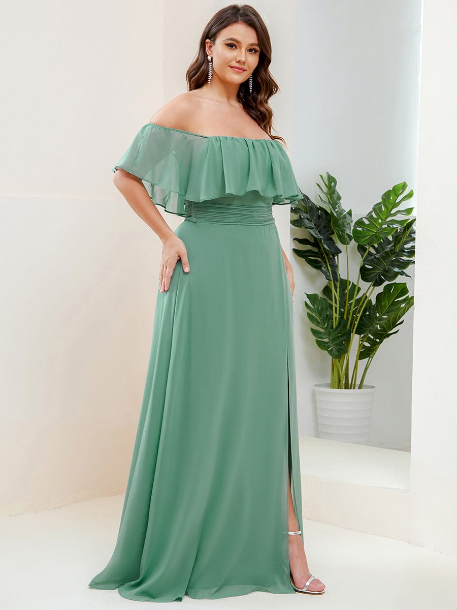 Plus Size Off the Shoulder Formal Bridesmaid Dress with Thigh Split #color_Green Bean 