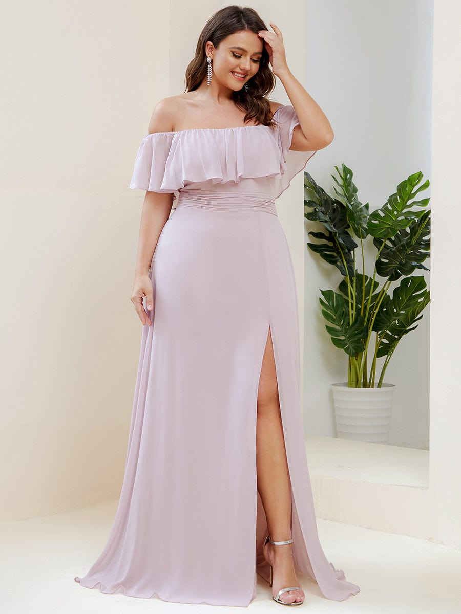 Plus Size Off the Shoulder Formal Bridesmaid Dress with Thigh Split #color_Lilac 