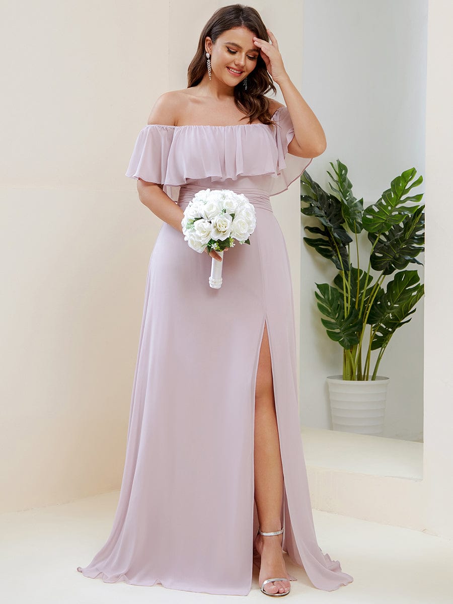 Plus Size Off the Shoulder Formal Bridesmaid Dress with Thigh Split #color_Lilac 