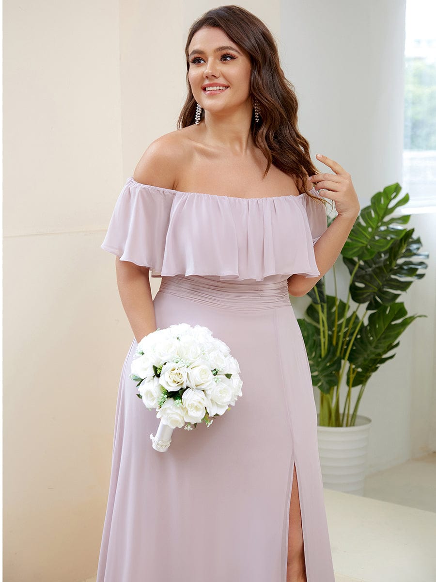 Plus Size Off the Shoulder Formal Bridesmaid Dress with Thigh Split #color_Lilac 