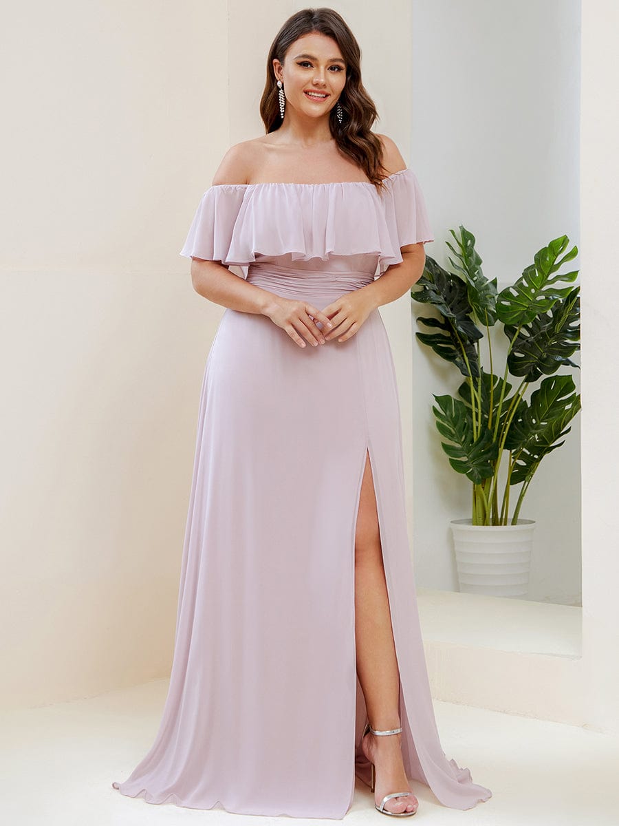 Plus Size Off the Shoulder Formal Bridesmaid Dress with Thigh Split #color_Lilac 