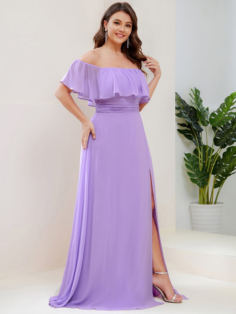 Plus Size Off the Shoulder Formal Bridesmaid Dress with Thigh Split #color_Lavender 