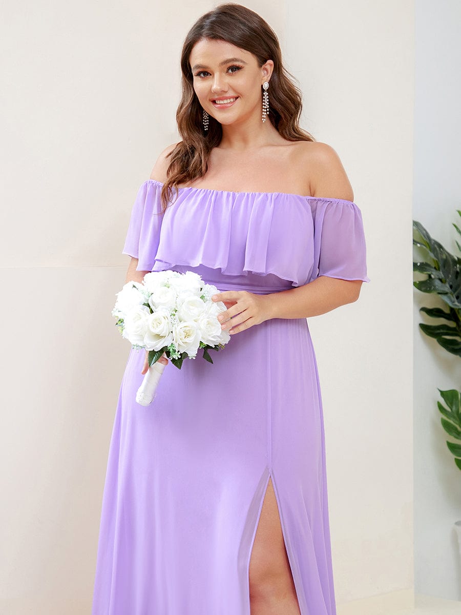 Plus Size Off the Shoulder Formal Bridesmaid Dress with Thigh Split #color_Lavender 