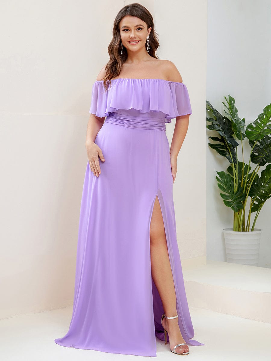 Plus Size Off the Shoulder Formal Bridesmaid Dress with Thigh Split #color_Lavender 