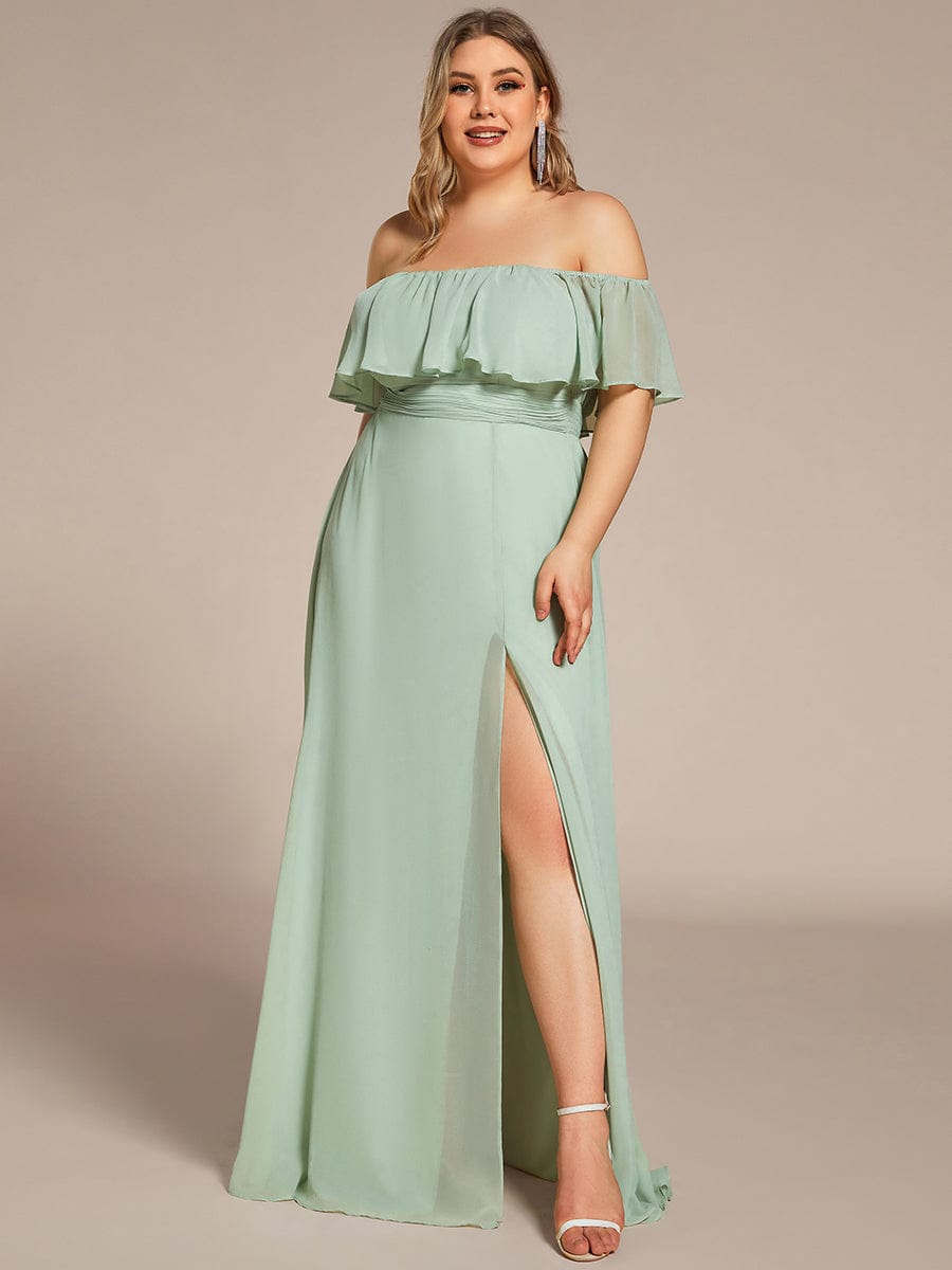 Plus Size Off the Shoulder Formal Bridesmaid Dress with Thigh Split #color_Mint Green 