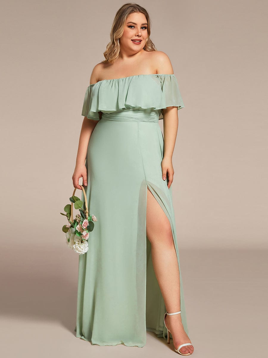 Plus Size Off the Shoulder Formal Bridesmaid Dress with Thigh Split #color_Mint Green 