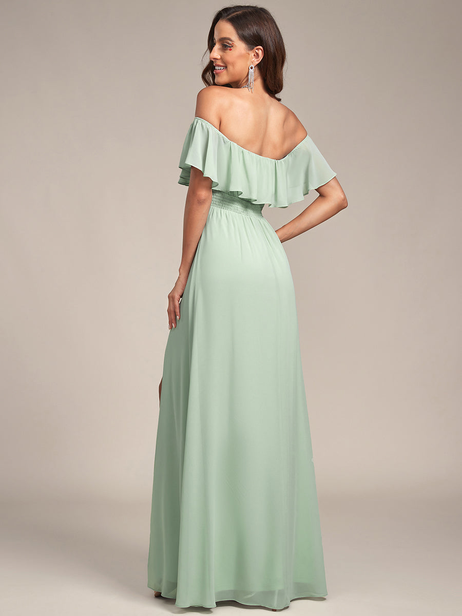 Off the Shoulder Ruffle Bodice Long Flowy Chiffon Bridesmaid Dress #color_Mint Green 