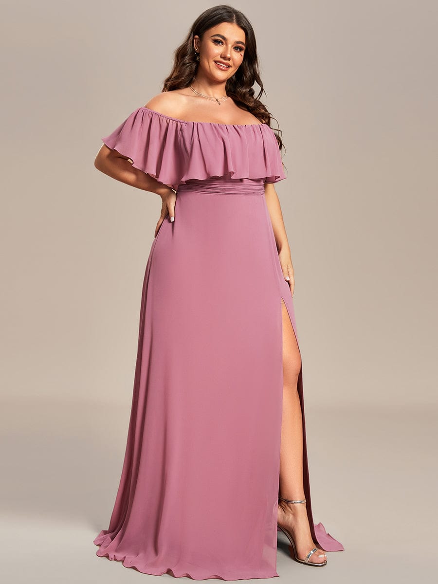 Plus Size Off the Shoulder Formal Bridesmaid Dress with Thigh Split #color_Purple Orchid 