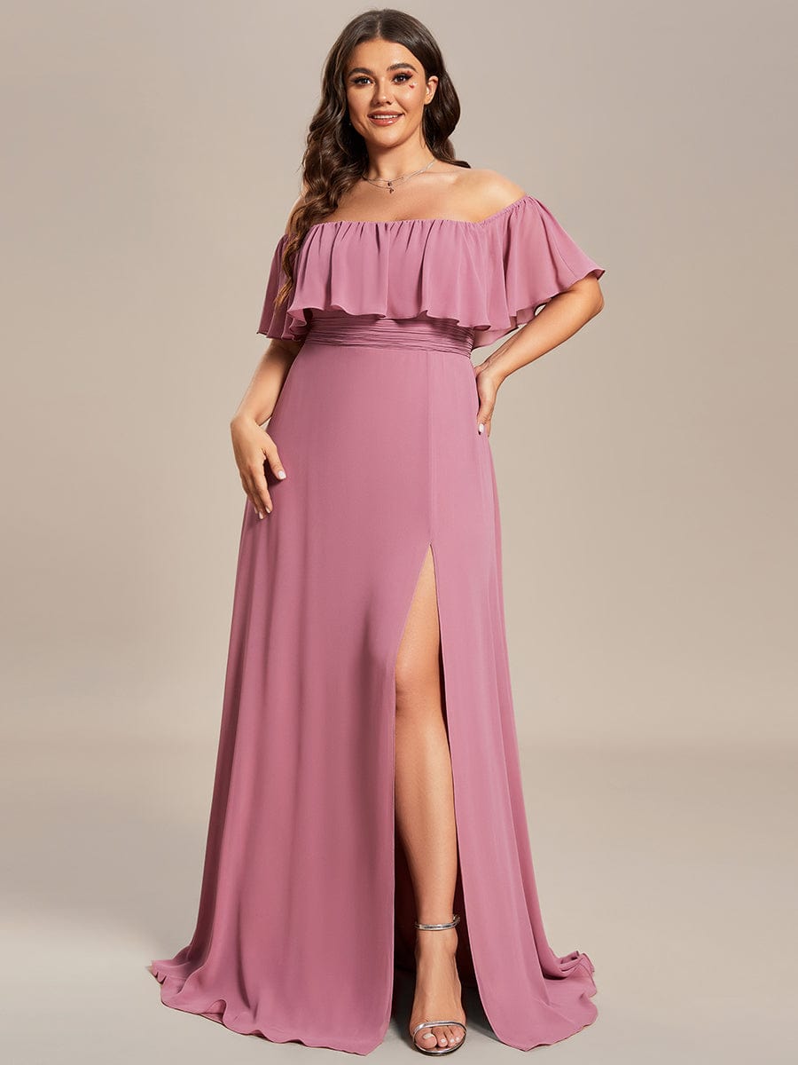 Plus Size Off the Shoulder Formal Bridesmaid Dress with Thigh Split #color_Purple Orchid 