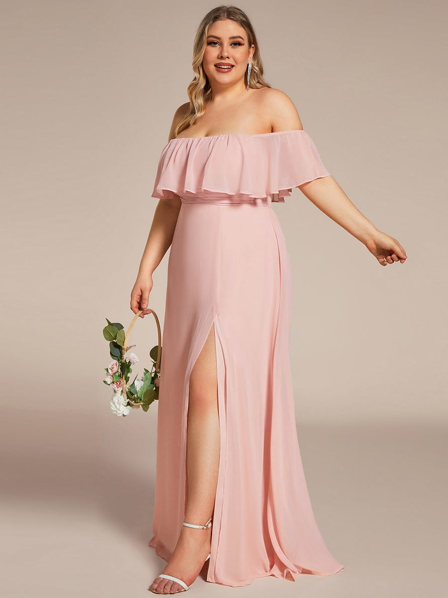 Plus Size Off the Shoulder Formal Bridesmaid Dress with Thigh Split #color_Pink 