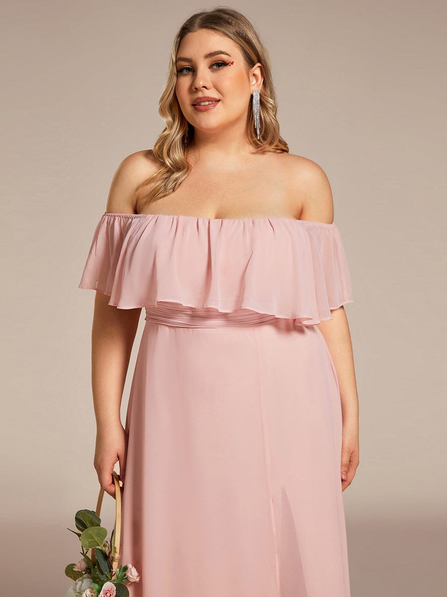 Plus Size Off the Shoulder Formal Bridesmaid Dress with Thigh Split #color_Pink 