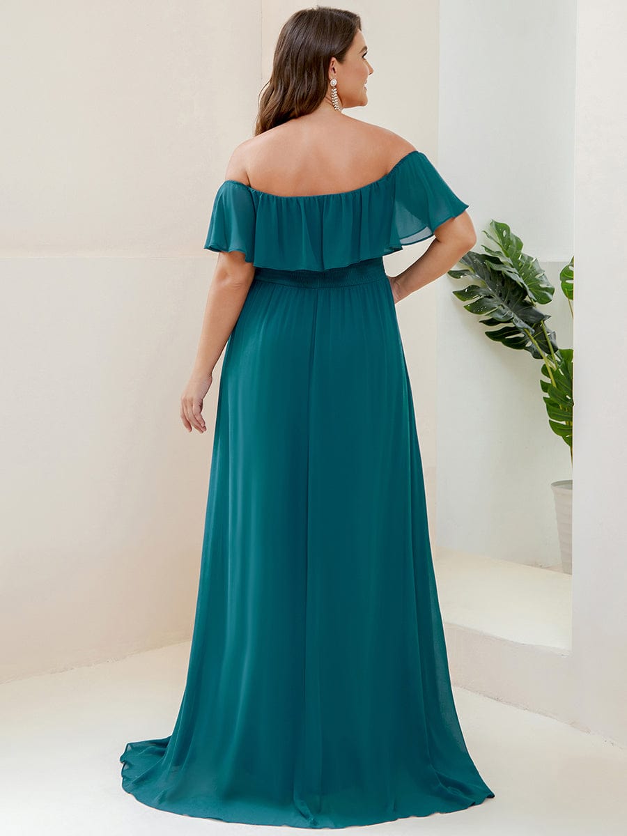 Plus Size Off the Shoulder Formal Bridesmaid Dress with Thigh Split #color_Teal